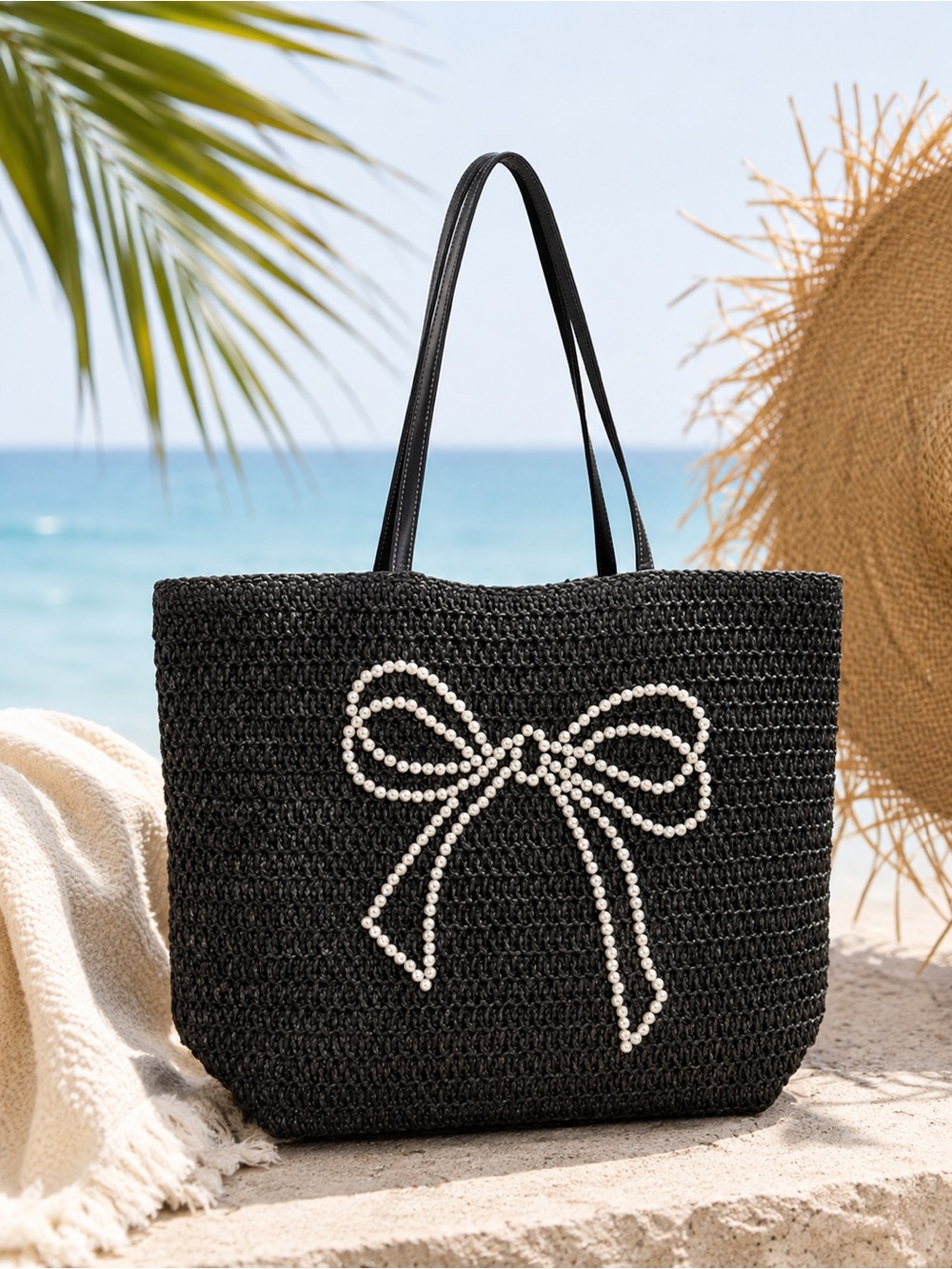 Black Woven Tote Beach / Pool Bag with Pearl Bow Accent - Picture 1 of 6
